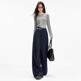 Navy Check Asymmetric Waist Wide-Leg Trousers