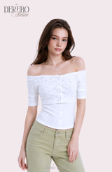 Sherbet off-shoulder button short sleeve T-shirt