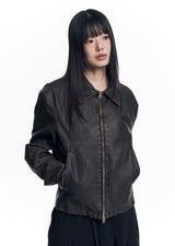 Washed Leather Crop Jacket - Brown
