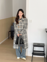 [SHOPPERMADE] アッシュグレーチェックウールロングダッフルコート