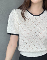 Caron Color Matching Openwork Puff Short Sleeve Knit