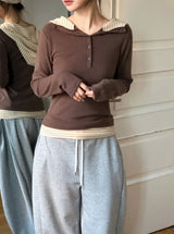 Border Layered High Neck Warm Hood T-shirt (3color)