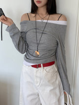 Milky Unbalance Off-Shoulder Boatneck Shirring Long Sleeve T 
