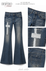 Cross-washed long semi-bootcut denim