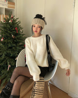 [Wool 20%] Dobby Line Alpaca Round Knit