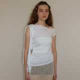 ONE SHOULDER RUFFLE TRIM TOP / WHITE