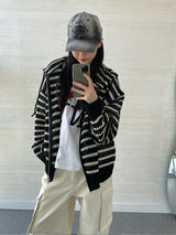 (UNISEX) メッシュストライプクロップドジップアップニット