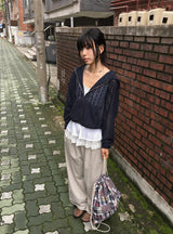 リネフ レース サマー セミクロップ フード ジップアップ