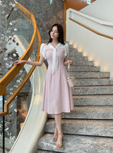 26SS★ Michelle Tie Color Matching Tulip Flare Long One Piece