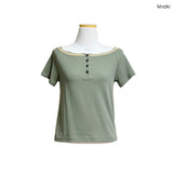 (3color) Wave Braided Neck Off-Shoulder Short Sleeve Tee
