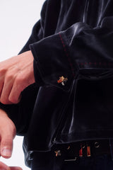 TWILL VELVET CROSS EMBROIDERY COLOR-TOOTH ZIPPER LOGO CASTING NOTCH COLLAR JACKET