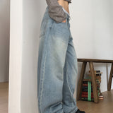 [S-XL] Nian incision washed wide denim pants