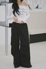 Lace lettering wide casual banding pants