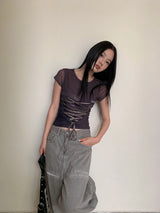 Corset strap back see-through short sleeve T-shirt