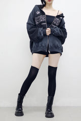 (Unisex) Wind Embroidery Dirty Hooded Zip-Up