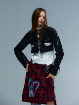 Emoha Hand-painted catcatcat punk short leather jacket