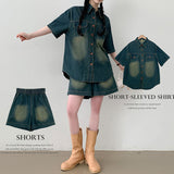 Piggy overfit washed denim short sleeve shirt + banded jean shorts short pants