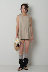 スクランチフレアスリーブレス_ベージュ