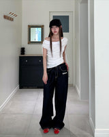 Meow Summer draping shrring Boat neck Top