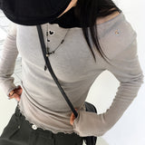 Nowell heart cutting see-through tencel wave u-neck long sleeve t-shirt