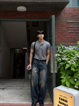 Front cut line henry-neck short sleeve t-shirt