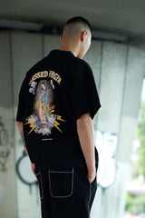 "BLESSED VIRGIN" WASHED EMBROIDERY SATIN SHIRT