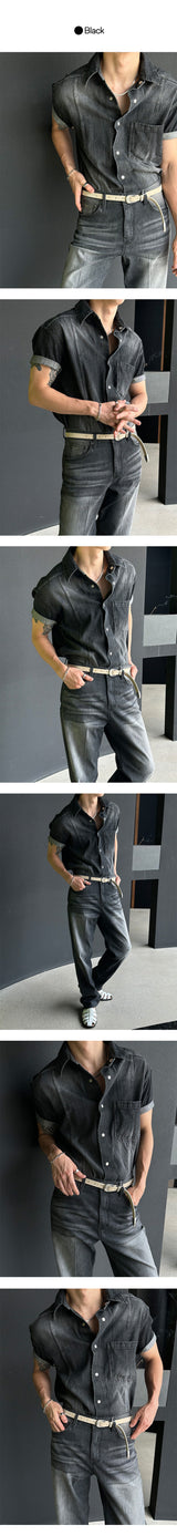 [MUSCLE FIT] スリットスナップボタンデニムシャツ (3color)