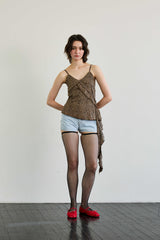 LEOPARD FRILL SLEEVELESS TOP / BROWN