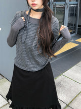 [Muffler Set/Fake Layered] Chad Stripe Layered Short Sleeve Knit T-Shirt Set