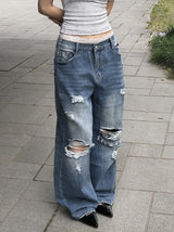 Redo Damage Washing Wide Denim Pants