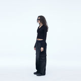 Washing Corduroy Cargo Banding Denim Pants Black
