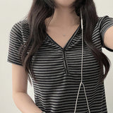 Ruzyn spandex stripe snap short sleeve hoodie