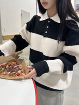 [UNISEX] Take Hachi Dangara Striped Collar Neck Long Sleeve Knit (5 colors)