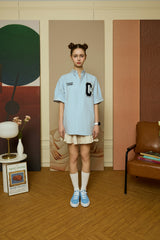 Navy C Patch Light Blue Denim short-sleeved Shirt [Unisex]