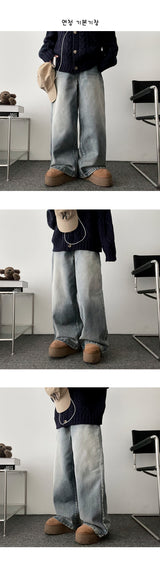 [Fleece lining] リネンヘムスナップウォッシュワイドデニムパンツ - 3 Tier Length