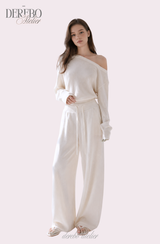 Waffle Asymmetrical Off-Shoulder Sweat Pants Set (TOP+PANTS SET)