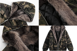Dark camo semi-crop hooded fur jumper! + dark brown fur trim.