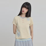 フラワーヘンリーネックハーフスリーブTシャツ