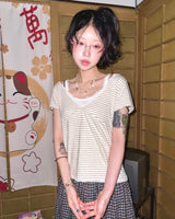 (3color) Lace Stripe Hood Short Sleeve Tee