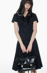 Black round neck lace trimmed waist cinched shirt