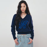 バタフライ V ネック ジャカード ニット_ネイビー