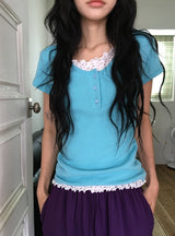 Kiri Punching Round Button Color Short Sleeve Tee