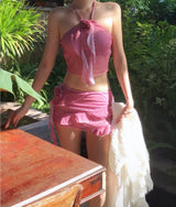 [ 3-piece / watery pink ] camellia frill halter bikini