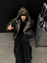 Dark camo semi-crop hooded fur jumper! + dark brown fur trim.