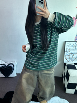 STRIPE OVER BOXY BOYFRIEND LONG SLEEVE T SHIRT ❤💚🩵🧸4COLOR