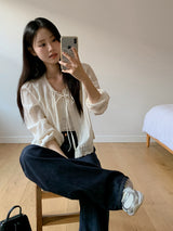 #Autumn Lace Ribbon Long Sleeve Blouse (2color)