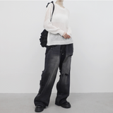 (Unisex) パッチメントウィズオープンバックデニムパンツ
