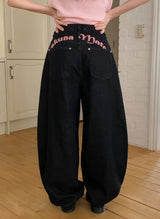 Rose Pink Lettering Embroidery Balloon Denim Pants