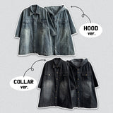 Trin boxy fit denim short-sleeved shirt collar hooded jacket