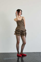LEOPARD FRILL SLEEVELESS TOP / BROWN
